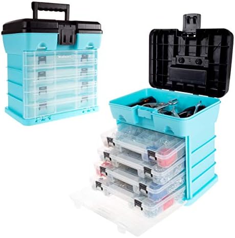 Small Parts Organizer Box - 10-Inch Portable Storage Case with 4 Removable Multi-Compartment Trays for Screws, Beads, Small Fishing Tackle, Hardware, and Craft Supplies by Stalwart (Light Blue)