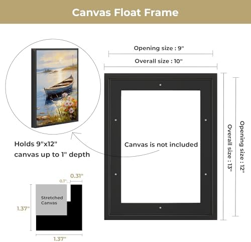 Venusmiles Canvas Frame 9x12 Frame for Canvas Painting Floating for 1" Deep, Floater for Canvas Artist Panel Oil Painting Wall Art Décor, Vertical or Horizontal Picture Wall Decor, Black