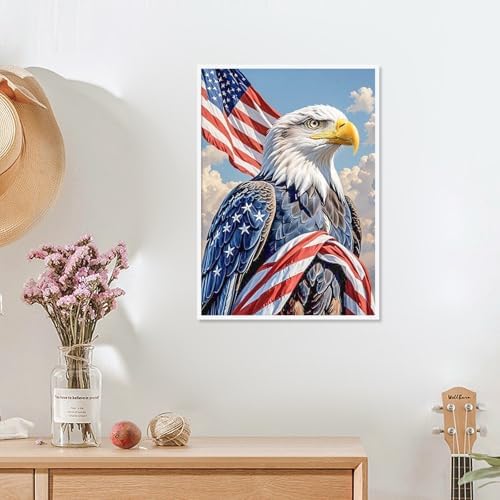 4th of July Diamond Painting Kit for Adults, Patriotic Independence Day Decor with American Flag and bald eagle, 5D Full Drill Round Diamond Art Kit, DIY Crystal Rhinestone Embroidery Painting