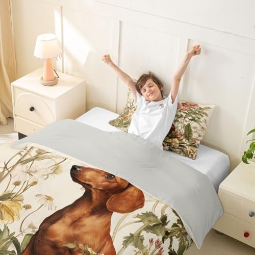 Erosebridal Dachshund Duvet Cover Toddler Size Wildflowers Bedding Set for Kids Boys Girls Animal Vintage Botanical Comforter Cover Watercolor Style Bedclothes Room Decor