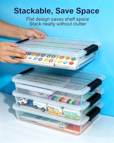 EOENVIVS 4 Pack Clear Storage Bins with Lids, Stackable A4 & US Letter File Box Organizers, Craft Storage Bins and Sensory Bins for Classroom, Kids Art Supplies, Documents and Projects, Black Latches