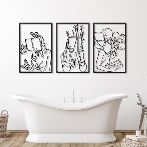 CHENGU 3 Pieces Metal Minimalist Abstract Woman Wall Art Line Drawing Wall Art Decor Single Line Female Home Hanging for Kitchen Bathroom Living Room