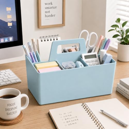 Multipurpose Caddy Organizer with Handle Plastic Desk Storage, Blue