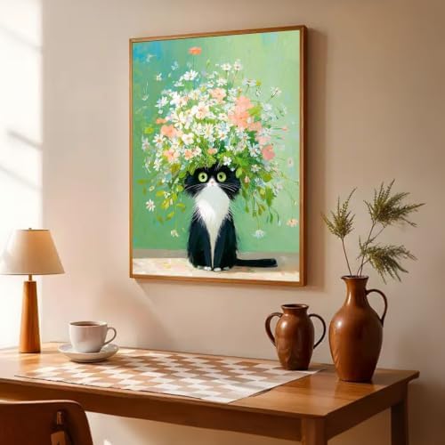 Amaieuin Cat Paint by Numbers Kit for Adults,Canvas Paint by Numbers for Adults,Flowers Cat Paint by Number Adult DIY Flower Painting Kit for Relax Gifts and Home Wall 20x16in