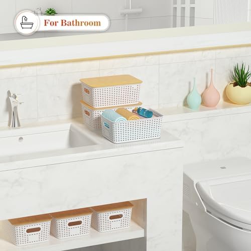 Ohmlove 6 Pack Plastic Storage Baskets with Bamboo Lids for Organization