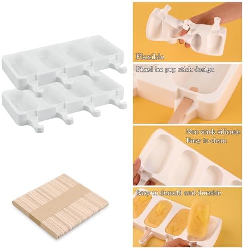 Sakolla 2 Pack 4 Cavity Popsicle Silicone Molds with 50 Wooden Sticks