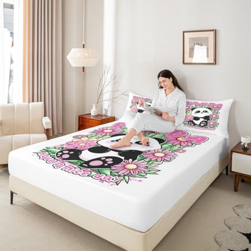 Manfei Cute Panda Flowers Sheet Set Lovable Animal Pink Theme Bedding Set Lively Green Leaves Bed Sheets Teens Room Decor White Pink (Twin Flat & Fitted Sheet with 1 Pillow Case)