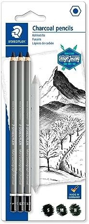 Staedtler Mars Lumograph Charcoal Pencils, Blister Pack of 3 Drawing Pencils (H, M, S) + 1 Blending Stump