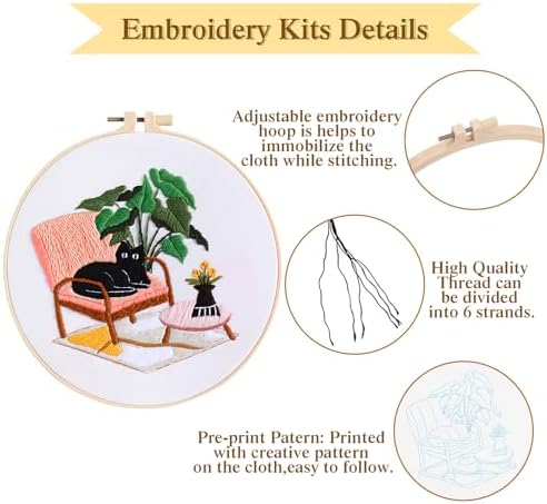 4 Sets Black Cat Embroidery Kit for Beginners with Tool Set Cat Pattern