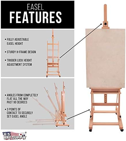 U.S. Art Supply Medium Wooden Studio H Frame Easel with Storage Tray | Also includes Wheels - Adjustable to 96" High, Holds 48" Canvas - Beechwood Artist Easel for Painting, Art Display, Portraits