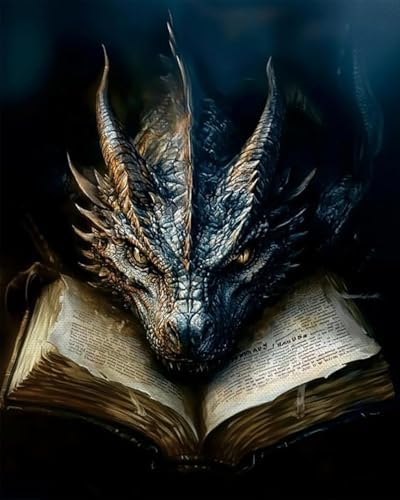 MBNTJHT Dragon Paint by Numbers Kit for Adults,Black Dragon and Book Paint by Number Kits with Brushes for Adults Beginner,DIY Unframed Oil Painting Kits for Home Wall Decor 16x20 Inch.