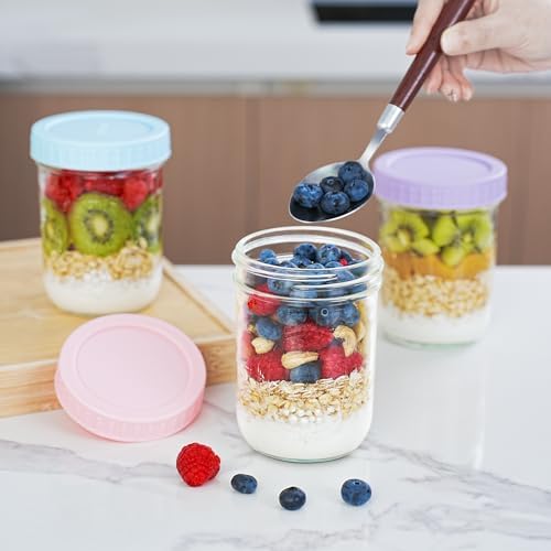 Miuyhji Overnight Oats Containers with Lids, 16 oz Glass Mason Jars, 6 Pack