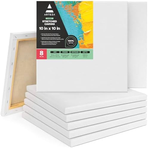 ARTEZA Square Stretched Canvas for Painting, 10 x 10 in, Pack of 8, Pre-Primed White Canvases for Acrylic, Oil, Gouache, Tempera, and Pouring Art | 100% Cotton Surface, 0.6 in Profile, Pinewood Bars, Acrylic Titanium Gesso, For Oil, Acrylic, Gouache an...