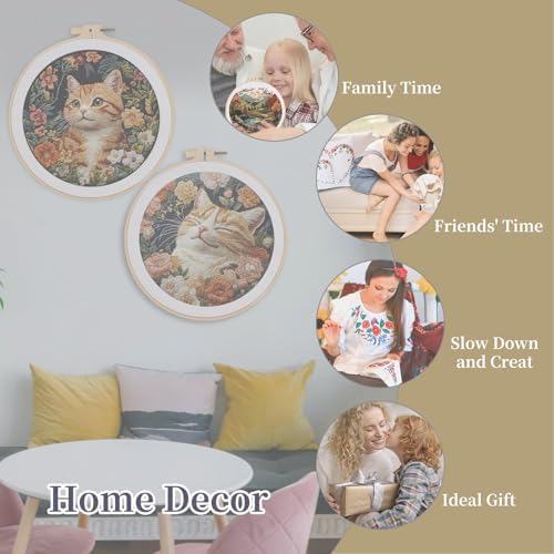 FONNUY 2 Set Embroidery Kit DIY for Adult Beginner, Pre-Stamped Patterns Mountain Sea Embroidery Kits with Hoop, Colored Threads and Needles, Easy to Follow Needlework (Cute Cats)