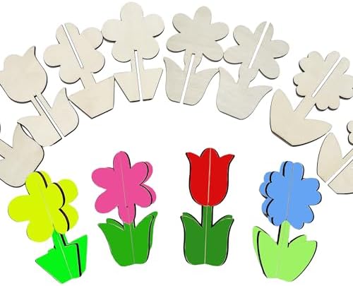 40PCS 3D Unfinished Blank Flower Wooden Cutouts Craft for Kids | Spring Tulip for Children's Painting DIY Room Decoration Gift Giving Surprise (40Flower)