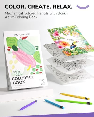 Four Candies Colored Mechanical Pencils with Coloring Book 36 Colors | Refillable 2.6mm Thick Lead, Pencil Case & Sharpener, No Sharpening, Art Supplies Kit for Coloring, Sketching & Crafts