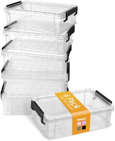 Sooez 6 Pack Extra Large Pencil Box, Plastic Pencil Case Crayon Box | Clear Marker Organizer Plastic Containers with Lid, Stackable Storage Boxes for Art Craft,Back to School Supplies, Black