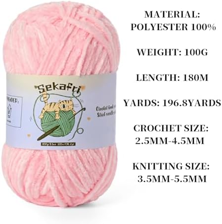 3 Pack of 300g (590yds) Fuzzy Chenille Yarn for Crocheting,Fluffy Amigurumi Crochet Yarn for DIY Craft/Hat/Clothes, Soft Velvet Baby Blanket Yarns（3 Light Pink）