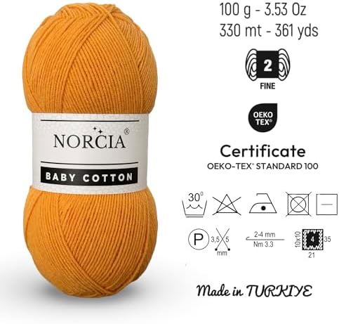 Baby Cotton, 55% Cotton 45% Acrylic Yarn, Fine/Sport (2) for Crochet and Knitting, Soft Amigurumi Yarn, 100 gr (361 yds)