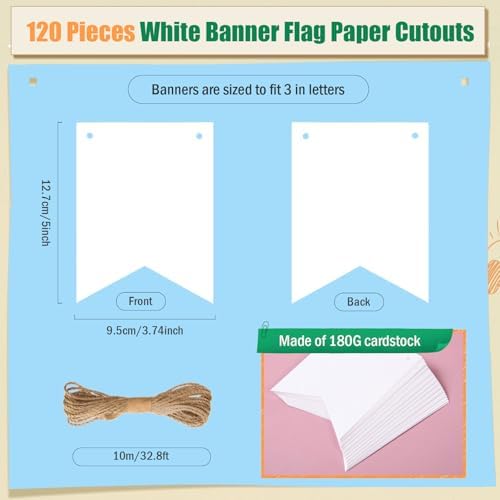 MixTeach 120 pcs Paper Banner Flags Cutouts White Swallowtail Banners Cut-Outs DIY Blank Paper Banner Die Cuts with String for School Classroom Birthday Wedding Celebration Party Supplies, 3.74 x 5 in