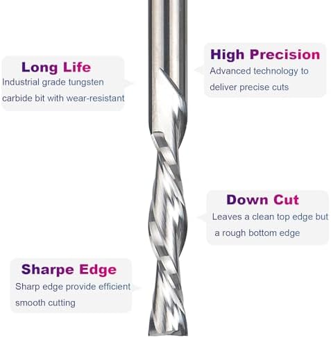 SpeTool Spiral Router Bits with Down Cut 1/4 inch Cutting Diameter, 1/4 inch Shank 3 inch Extra Long HRC55 Solid Carbide CNC End Mill for Wood Cut, Carving