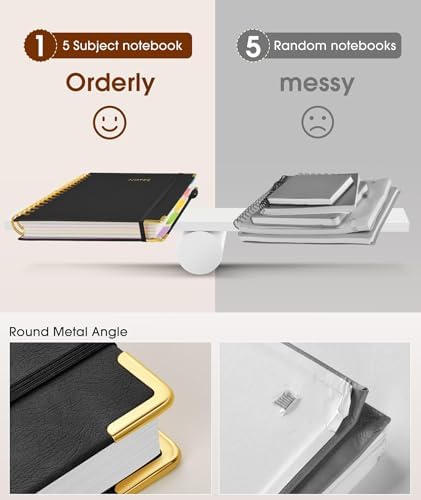 Hardcover Spiral Notebook 8.5"x11" Journal with Removable Dividers Tabs, 300 Pages Leather 5 Subject Notebook College Ruled, Large A4 Notebooks for Work School, Lined Journal for Women, A4 Black