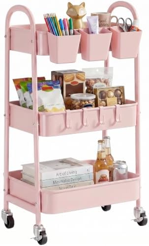danpinera 3-Tier Rolling Cart, Utility Cart Mobile Metal Rolling Storage Cart with Lockable Wheels & Hanging Cups & Hooks for Kitchen, Bathroom, Office, Workshop, Pink