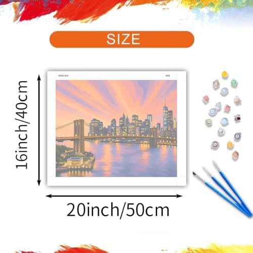 ARNLRDYA New York Cityscape Sunset Paint by Number Kits, Downtown View Hand-Painted Art, Brooklyn Bridge Canvas Acrylic Painting Set, Modern Urban Paint by Numbers for Home Decor(16×20inch, Unframe)