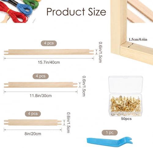 Oqqlin 12 Pcs Stretcher Bars for Needlework, 8/12/ 16 Inch Wooden Canvas Stretcher Bars Durable Cross Stitch Frame Set with 50 Thumb Tacks for DIY Craft, Embroidery