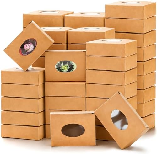 SOUJOY 100Pcs Soap Boxes with Window, Rectangle Kraft Box for Handmade Soap | Bulk Quantity Boxes with Clear Window for Business, Easy to Assemble, Perfect for Soap, Bakery, Candy, Jewelry, Treats