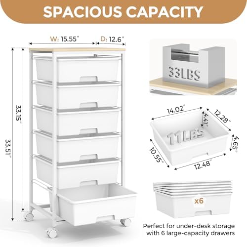 6 Drawer Rolling Storage Cart with Wooden Top and Wheels for Crafts,White