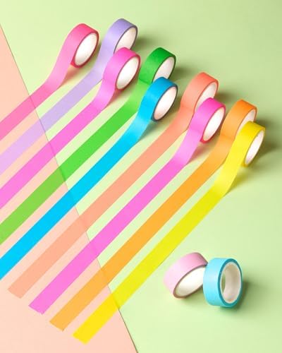 Colored Washi Tape Set 10 Rolls Fluorescent Solid Colors Decorative Masking Tapes for Arts, DIY Crafts, Journals, Planners, Scrapbook, Wrapping