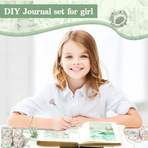 Janlaugh DIY Journal Diary with Lock Pack Scrapbook Kit, Light Green, Fresh | Stationery Diary Supplies, Scrapbook Supplies Art Crafts Kit for Birthday Holidays Ideal Gifts, Feather Bookmark Stickers