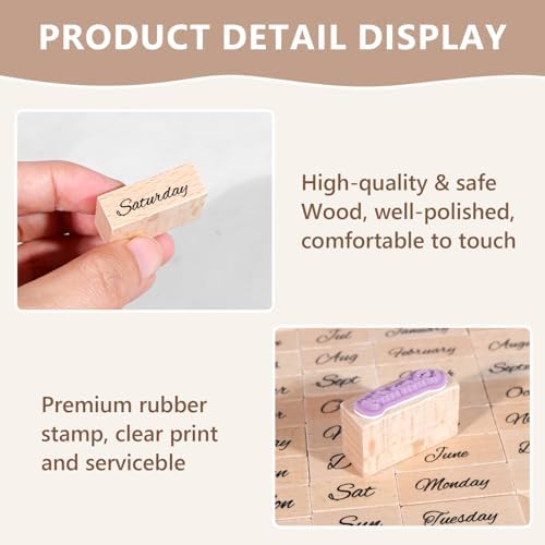 CraftyManor 44PCS Mini Wooden Stamp Set, Vintage Month Week Weather Rubber Stamps with Black Ink Pad for Crafting, Scrapbooking, Journaling, CardMaking