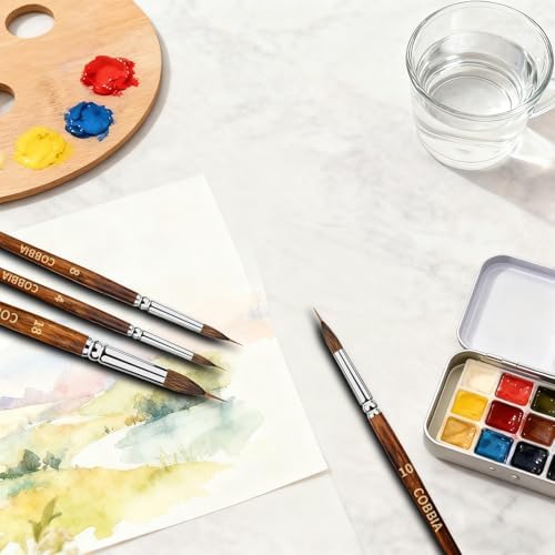Watercolor Brushes Set of 6 - Extra Long Needle Point Detail Brushes for Fine Line Work, Featuring a Two-Layer Sable/Kolinsky Synthetic Blend for Continuous Painting & Broad Washes. Ideal for Artists.