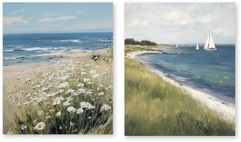 RLTXBUK 2 Pack Coastal Beach Diamond Art Kits, Beach House Decor, Nautical Sailboat Seaside Daisy Flower Landscape Gem Diamond Painting Art Kits for Adults Kids Beginners, 9.8x11.8 Inch
