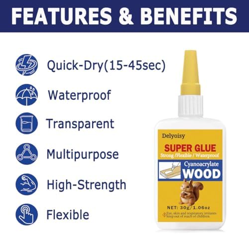 30g Wood Glue for Woodworking – Clear Super Glue with 3 Precision Tips for Furniture Repair & Crafts – Fast Curing, Strong Bond CA Adhesive for Wood, Model Building & DIY Projects