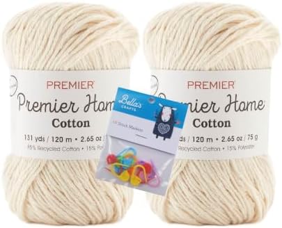 Premier Home Cotton Yarn 2-Pack Bundle with Bella's Crafts Stitch Markers (Cream)