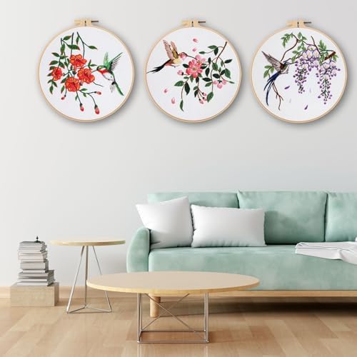 Ohcol 3 Sets Hummingbird Embroidery Kit for Beginners Needlepoint Kits for Adults Cross Stitch Kits with Clear Instructions,Easy Funny Stamped Bird Patterns Fabric Hand Crafts