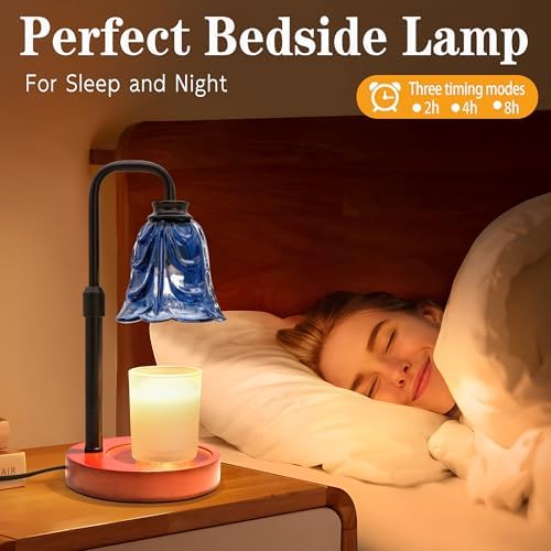 XJZJY Blue Flower Candle Warmer Lamp with Timer, Birthday Gifts for Women | Dimmable wax melt warmer with 2 bulbs for jar candles, height adjustable, Blue tulip design, home decor, housewarming gifts
