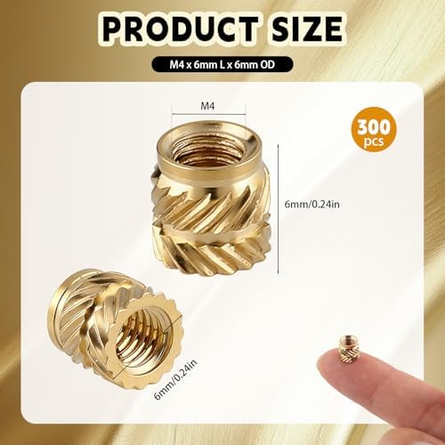 300 Pcs M4 Threaded Inserts,M4 x D6 x L6 Heat Set Inserts Brass Nuts,3D Printing Knurled Metric Nuts for Plastic,3D Printer Brass Inserts Knurled,Easy to Secure Fixation