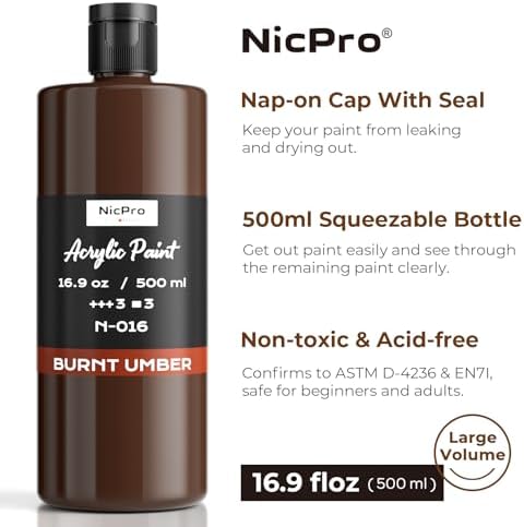 Nicpro Burnt Umber Large Acrylic Paint (16.9 oz, 500 ml), Rich Pigments | Non Toxic Craft Paint for Multi Surface, Canvas, Wood, Leather, Fabric - Art Painting Supplies for Beginners, Artists & Adult