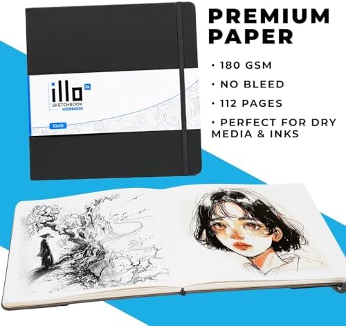 Illo Sketchbook XL 10" x 10" Square Hardcover Sketch Book, 112 Sheets, 112lb/180gsm Heavyweight Paper, Ribbon Marker, Back Pocket, Lays Flat, Minimal Bleed, Vegan, For Artists & Beginners