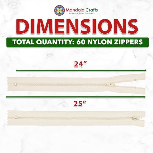 Mandala Crafts 60 PCs Cream Closed-End 24 Inches Nylon Zippers for Sewing