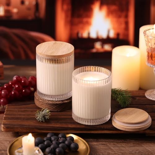 14OZ Clear Glass Candle Jars for Making Candles, 6 Pack - Empty Candle Jars Bulk with Bamboo Lids and Accessories, Ribbed Candle Vessels Containers for Candle Making