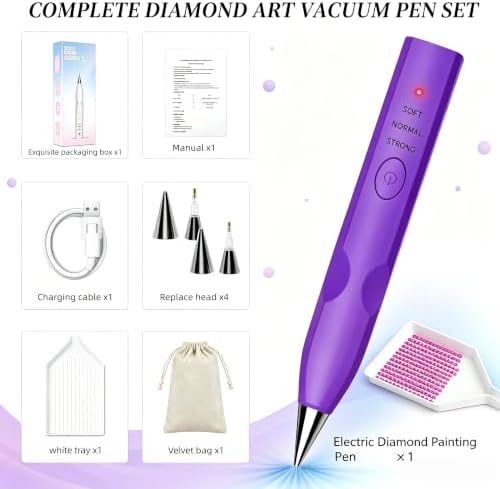 MKLAYB Electric Diamond Drawing Pen Kit, 3 Adjustable Suction Modes Rechargeable Vacuum Diamond Art Diamond Pen with 4 Replacement Heads, No Wax Required 5D Diamond Drawing Tool Accessories (Purple)