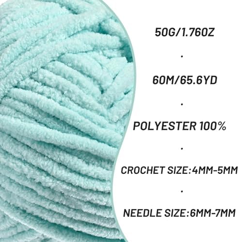 2 Packs Plush Chenille Chunky Crochet Yarn - Baby Yarn for Crocheting Soft - Velvet Yarns Knitting for Blankets Crafts - Fluffy Amigurumi Yarns 100g/131yds (2 Aqua Green)