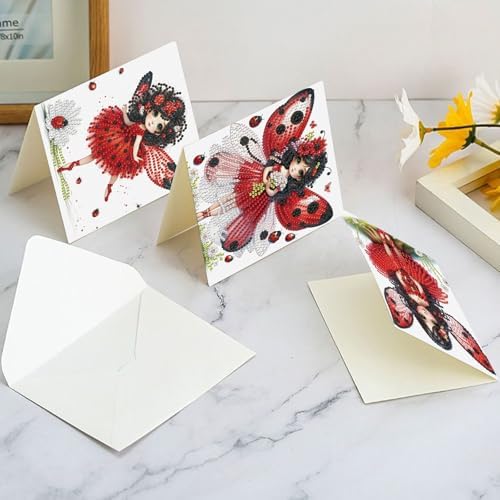 LazyFold 6 Pcs Diamond Art Painting Greeting Cards Kits, Red Fairy Handmade Festival Greeting Cards with Envelopes Diamond Art Crafts Birthday Cards Creative Gift