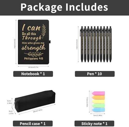 Christian Gift Set, Prayer Notebook and 10 Bible Pen Set with Sticky Notes & Pencil Case, Inspirational Christian Journaling Supplies, Faith Based Gifts for Women Men, Black