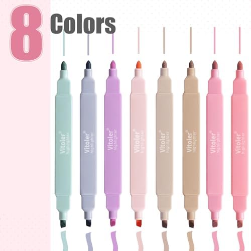 Vitoler Highlighters, Assorted Colors, 8 Pack Dual Tip Pastel Highlighters